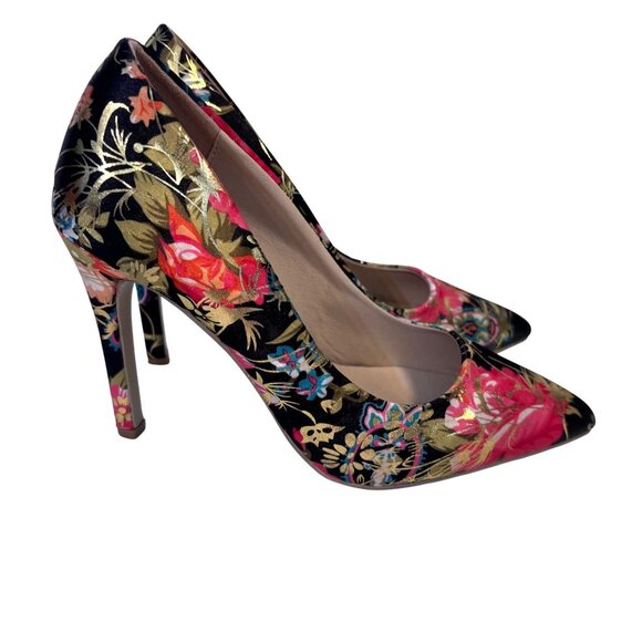 Black & Gold Stiletto Heels With Floral Pattern in Vibrant Colors Size 36 EURO - Picture 1 of 8